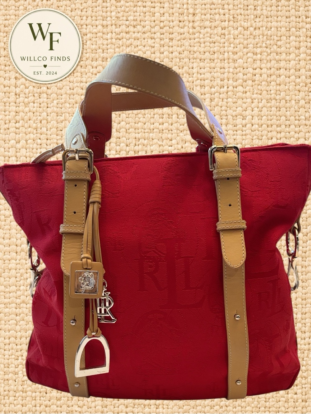 Lauren Ralph Lauren Red Jacquard Tote Bag Tan Leather Equestrian Charms